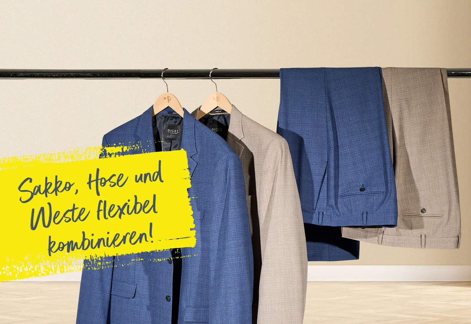 Elegante Herrenmode in großen Größen: Sakko, Hose und Weste flexibel kombinierbar in Blau und Beige