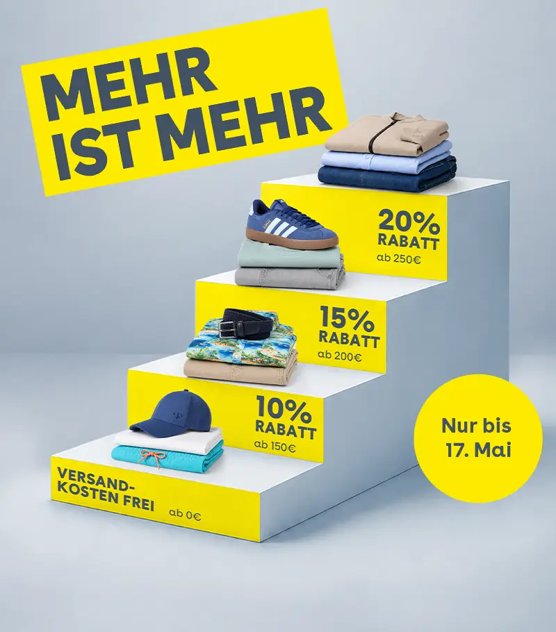 Pfundskerl Kampagne „Mehr ist mehr“ mit Staffelrabatt auf Herrenmode in großen Größen, Versandkostenfreiheit und Rabatten bis 20 Prozent.