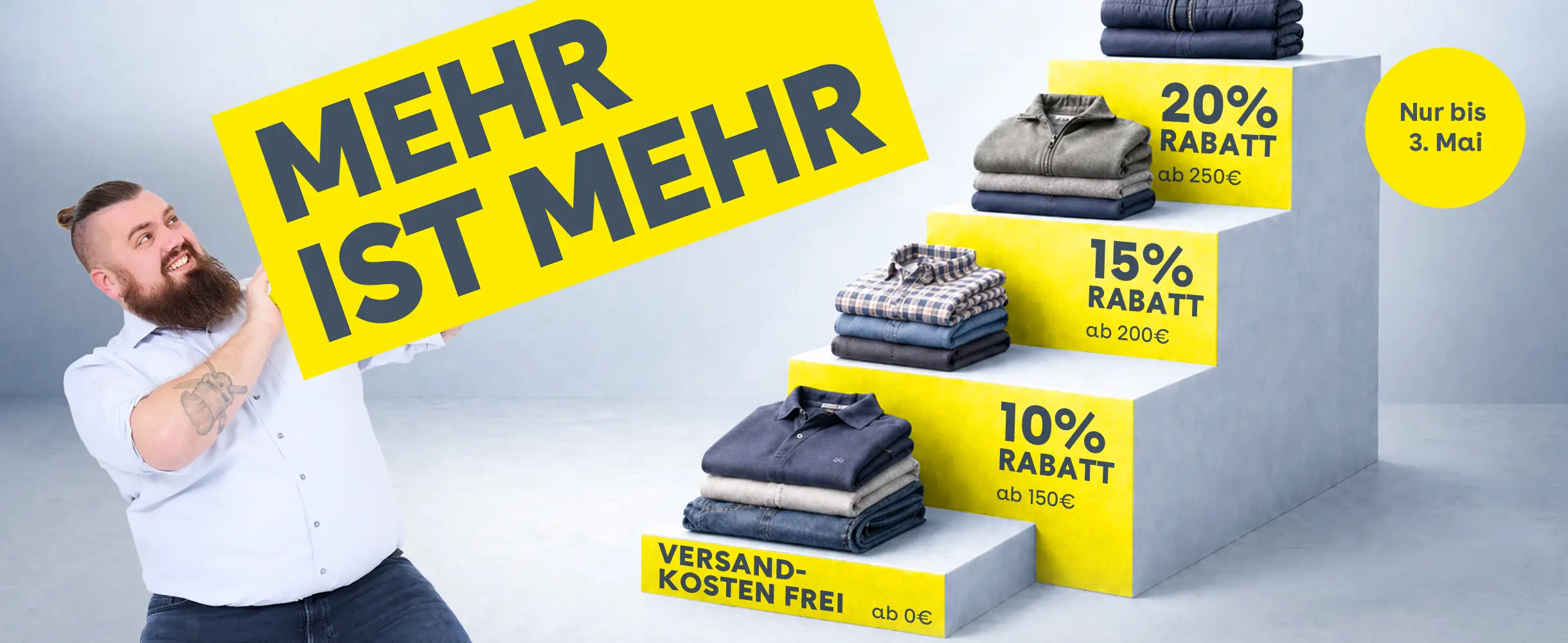 Pfundskerl Kampagne „Mehr ist mehr“ mit Staffelrabatt auf Herrenmode in großen Größen, Versandkostenfreiheit und Rabatten bis 20 Prozent.