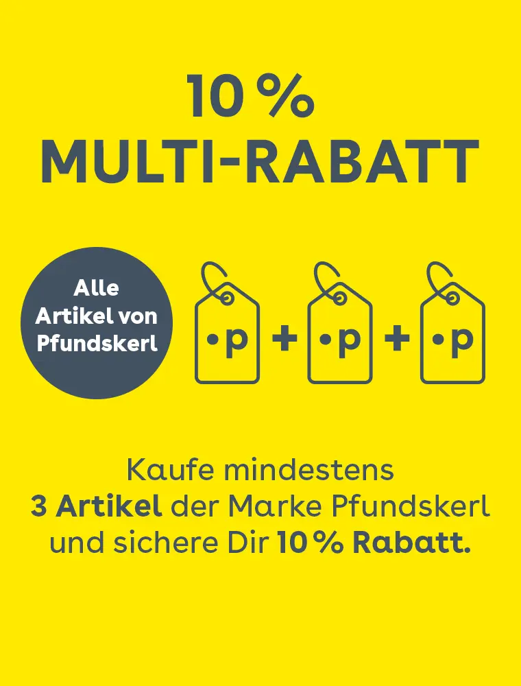 Gelbes Aktionsbanner mit Hinweis auf 10 Prozent Rabatt beim Kauf von mindestens 3 Artikel der Marke Pfundskerl, dargestellt mit Symbolgrafiken