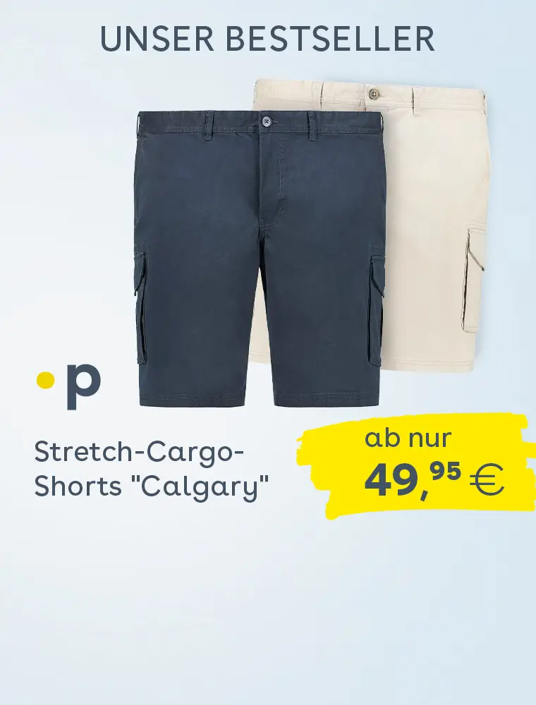 Pfundskerl Bestseller: Stretch-Cargo-Shorts Calgary in Dunkelblau oder Beige mit Preis ab 49,95 Euro