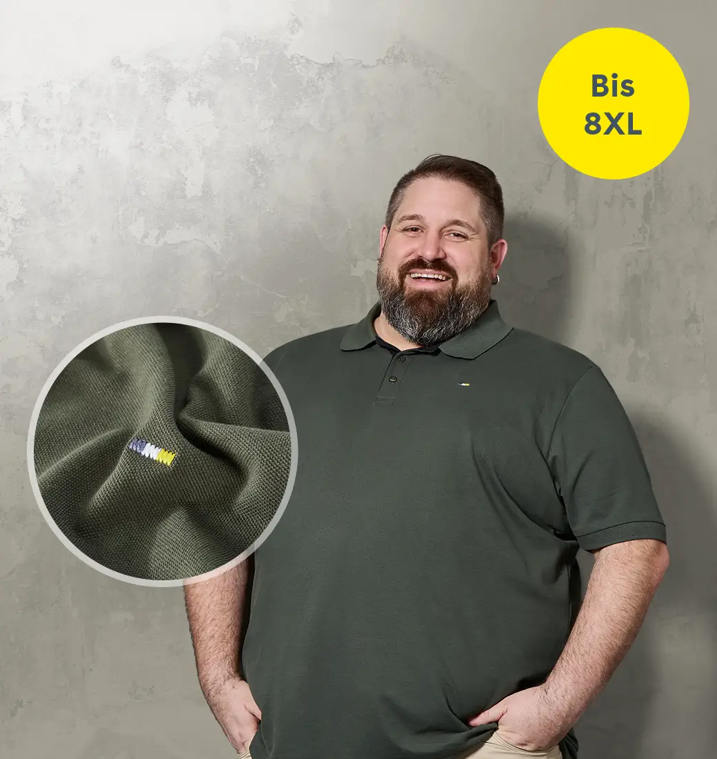 Detailaufnahme eines Poloshirts in großen Größen mit strukturierter Oberfläche und hochwertiger Verarbeitung.