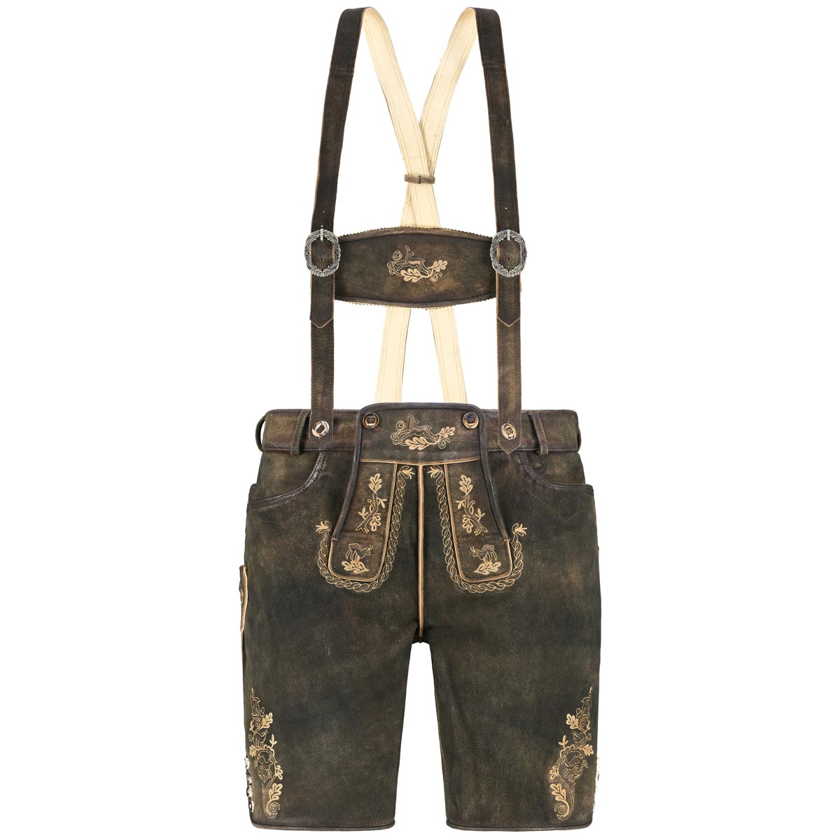 Pfundskerl Ziegenlederhose mit Trägern und Stickerei dunkelbraun