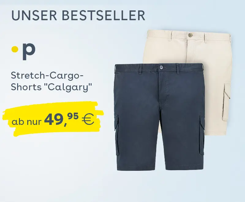 Pfundskerl Bestseller: Stretch-Cargo-Shorts Calgary in Dunkelblau oder Beige mit Preis ab 49,95 Euro