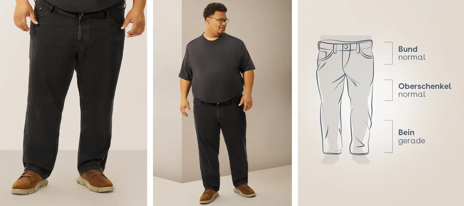 Mann in großer Größe mit Regular Fit Hose, normaler Bund, normaler Oberschenkel und gerades Bein für bequemen Sitz bei Pfundskerl