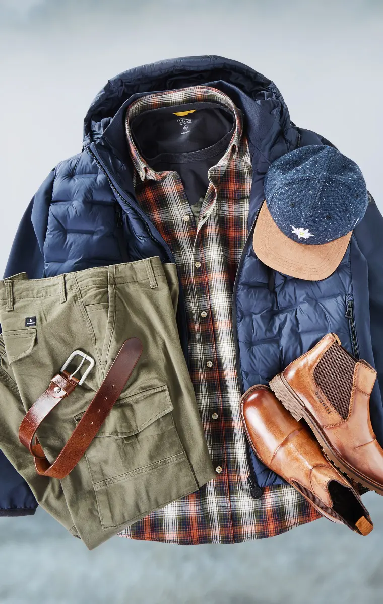 Outdoor-Look mit gestepptem Jackenlayer, Karomuster, robuster Hose und Lederboots – perfekt für aktive Tage mit Stil