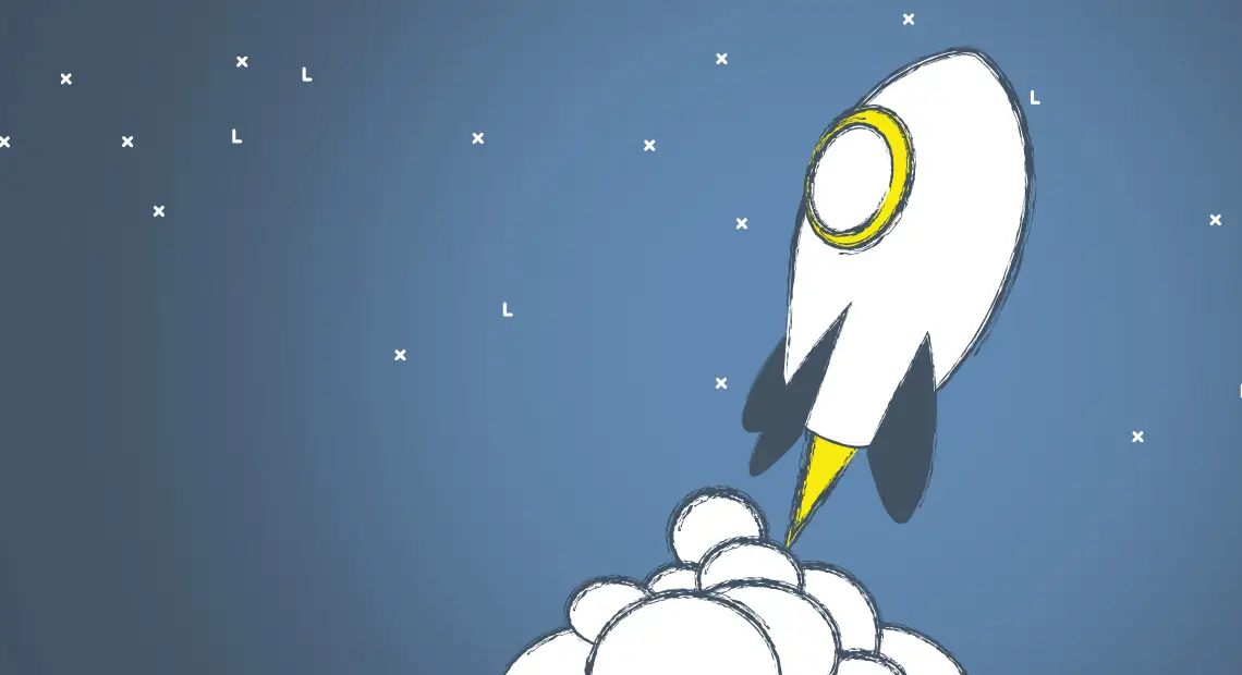 Cartoonhafte Rakete mit gelbem Bullauge und schwarzen Flügeln hebt in einer Rauchwolke ab. Der Hintergrund ist blau mit kleinen weißen Sternen – Symbol für Aufbruch und neue Abenteuer.