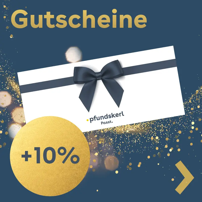 Pfundskerl Geschenkgutschein mit dunkler Schleife auf blauem Hintergrund und goldenem Glitzer.