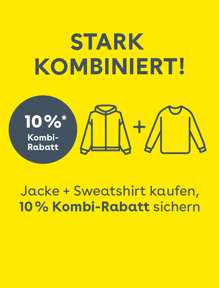 Gelbes Aktionsbanner mit Hinweis auf 10 Prozent Rabatt beim Kauf von Jacke und Sweatshirt, dargestellt mit Symbolgrafiken