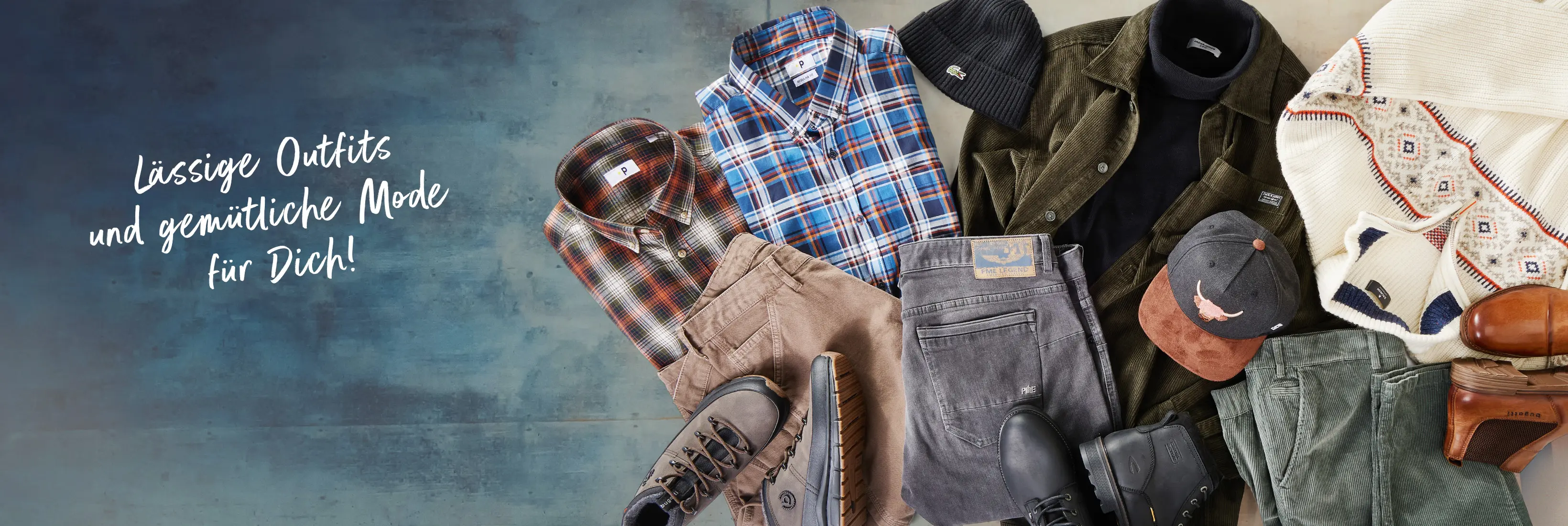 Verschiedene Outfits für Männer in großen Größen in lässigem, gemütlichem Look