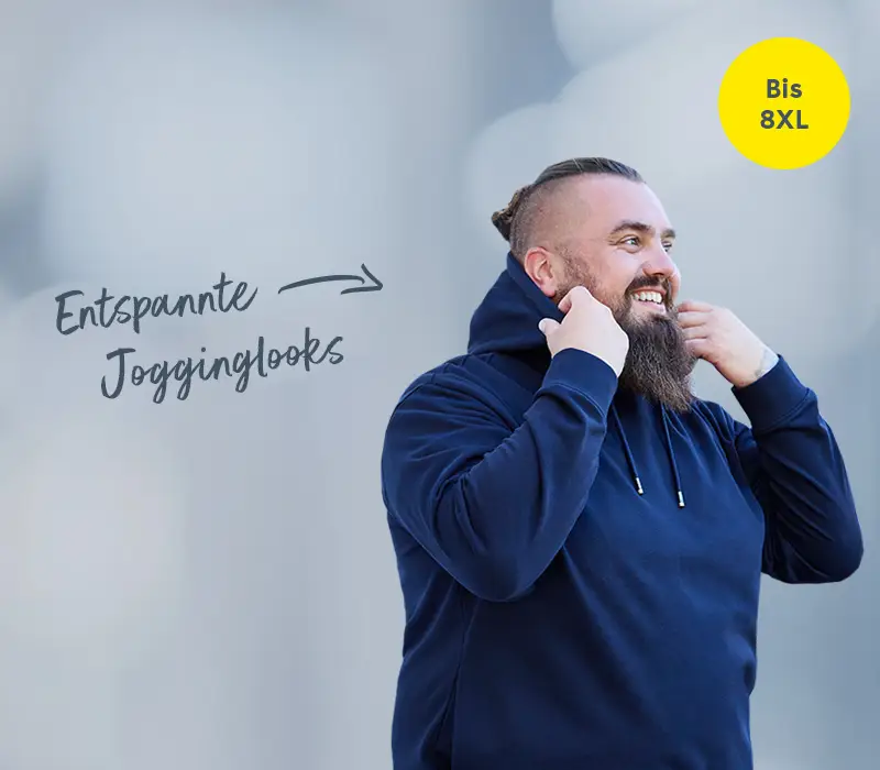 Person trägt dunkelblauen Hoodie aus Jogging-Kollektion, entspannter Look bis Größe 8XL.