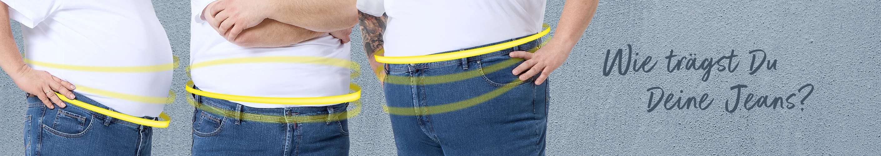 Drei Plus-Size Männer zeigen unterschiedliche Höhen für den Jeansbund – so sitzt sie am besten