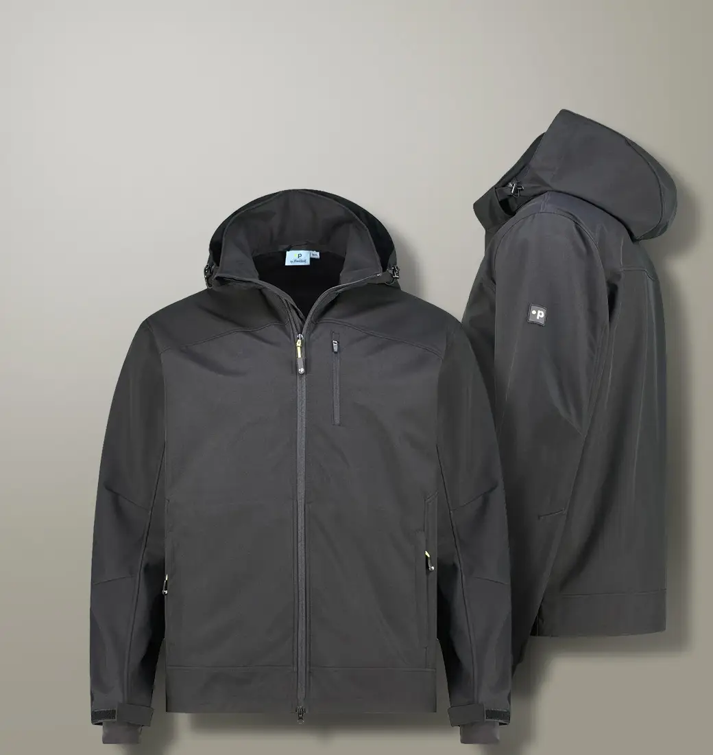 Dunkle Funktionsjacke in großen Größen mit Reißverschluss und Kapuze für komfortablen Schutz bei jedem Wetter.