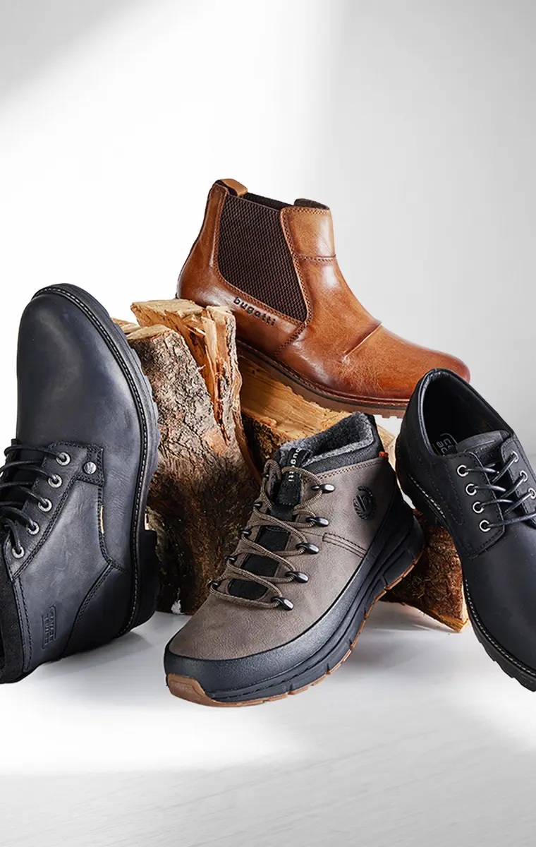 Verschiedene Herrenschuhe in großen Größen – von Sneakern bis Outdoor-Boots