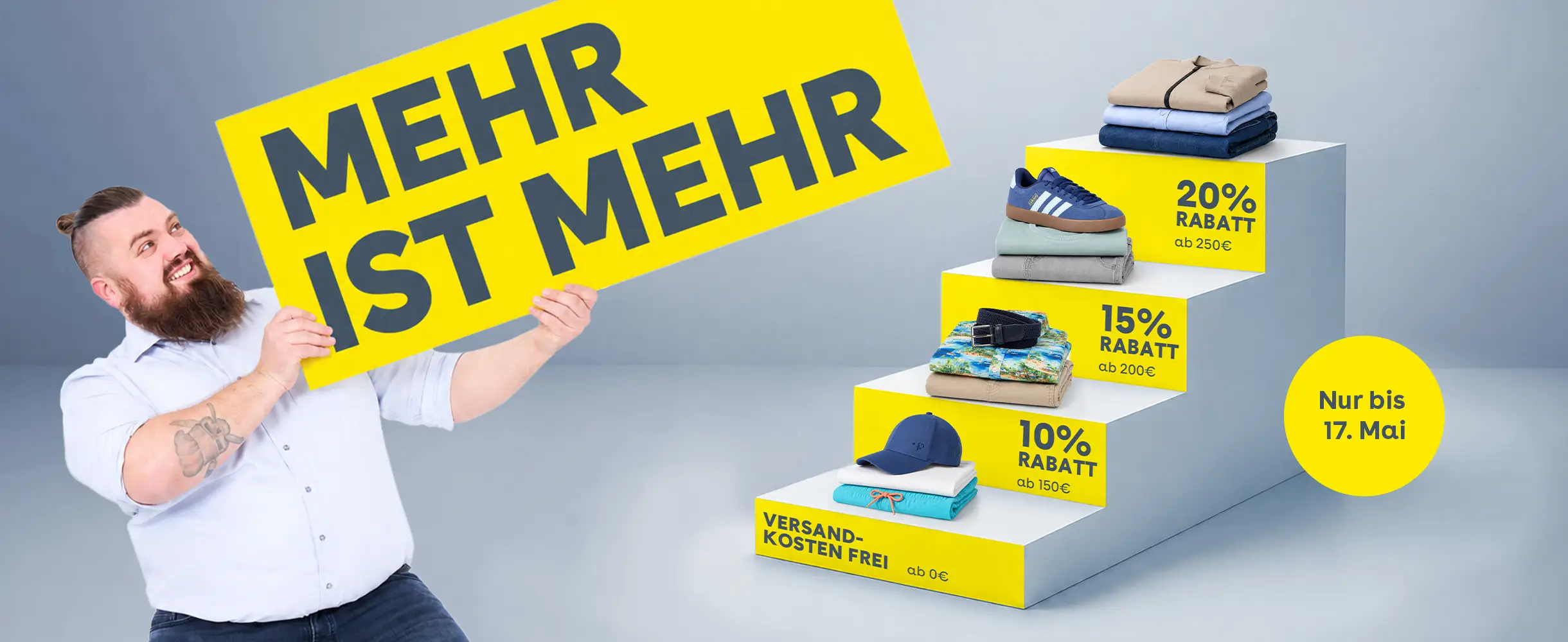 Pfundskerl Kampagne „Mehr ist mehr“ mit Staffelrabatt auf Herrenmode in großen Größen, Versandkostenfreiheit und Rabatten bis 20 Prozent.