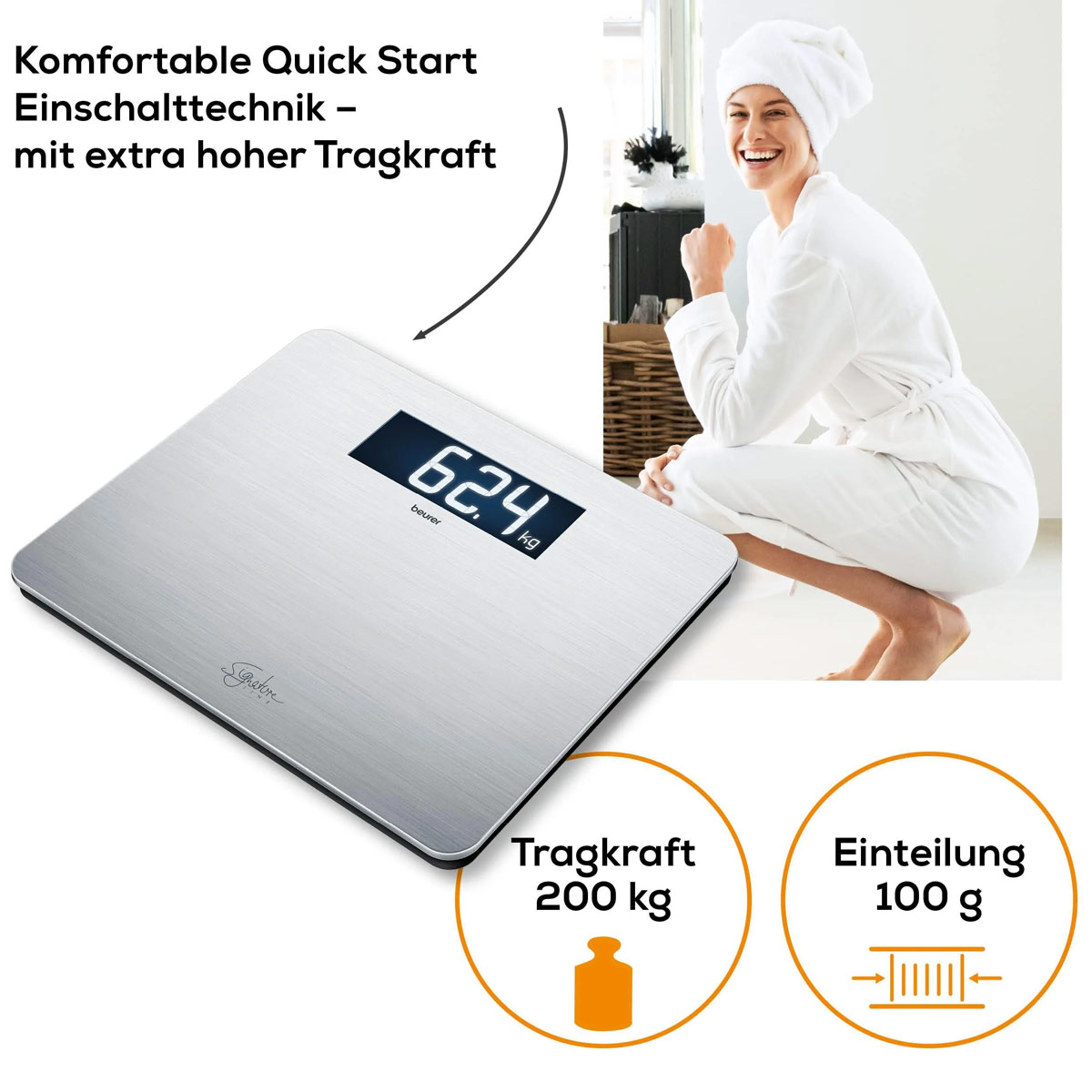 Beurer Personenwaage mit Edelstahl-Oberfläche und extra hoher Tragkraft grau