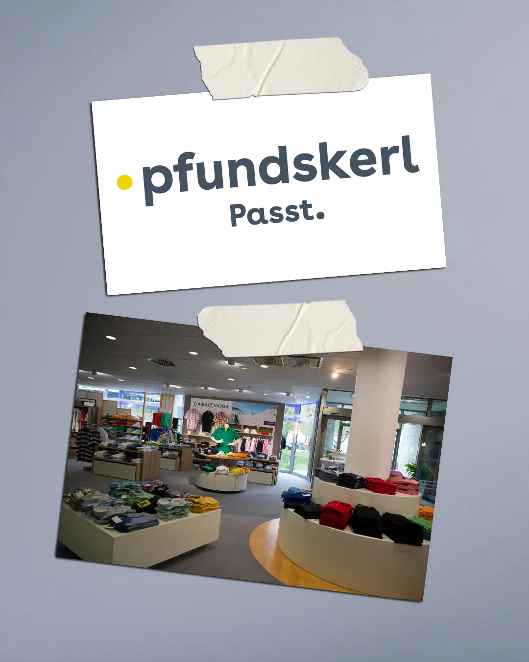 Pfundskerl Logo und Innenansicht des modernisierten Stores mit Herrenmode in großen Größen in den 2010er Jahren.