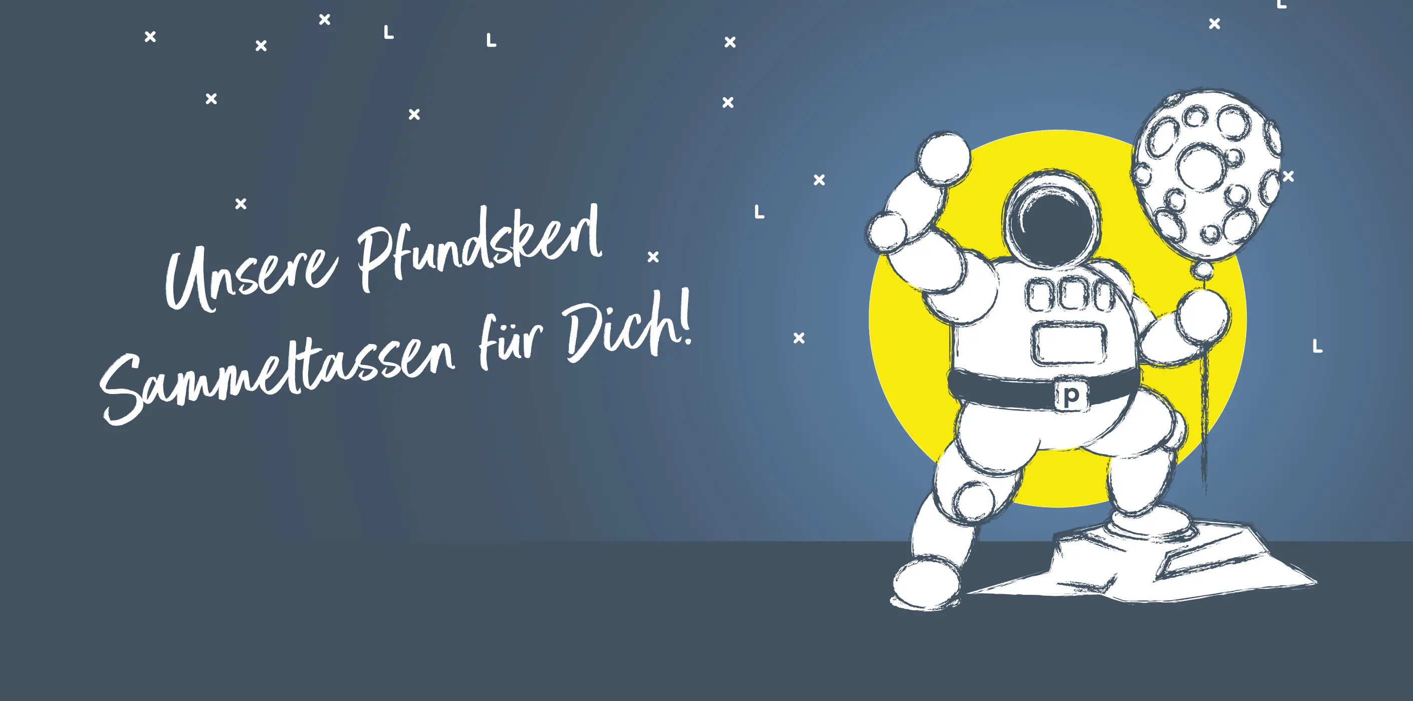 Illustration eines Pfundskerl-Astronauten mit Mond-Ballon vor gelbem Kreis – Headergrafik zur Sammeltassen-Serie von Pfundskerl