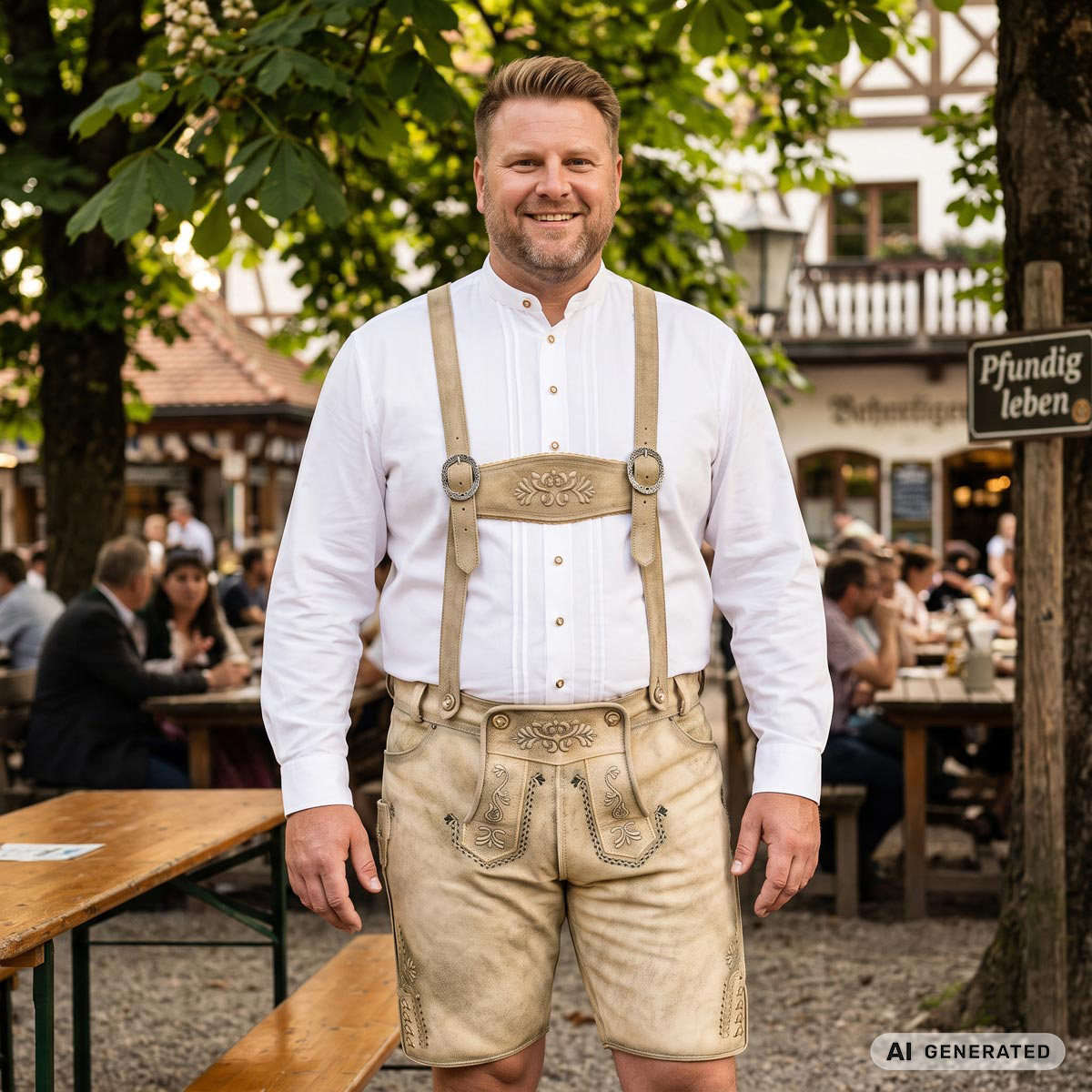 Pfundskerl Lederhose mit Träger und Stickerei beige