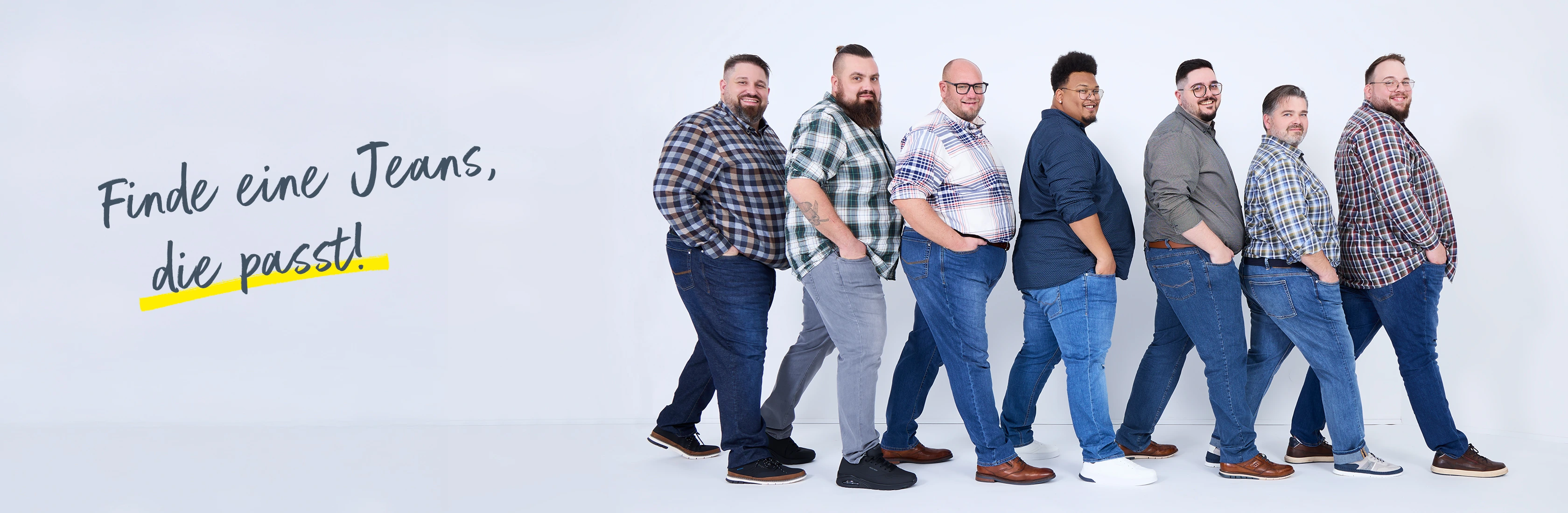 Pfundskerl-Models in Reihe – jede Figur trägt eine passende Jeans mit Wohlfühlfaktor