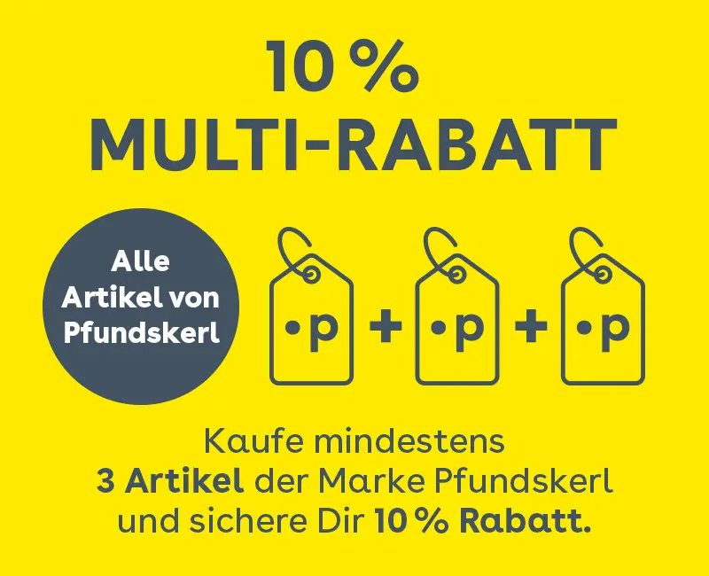 Gelbes Aktionsbanner mit Hinweis auf 10 Prozent Rabatt beim Kauf von mindestens 3 Artikel der Marke Pfundskerl, dargestellt mit Symbolgrafiken