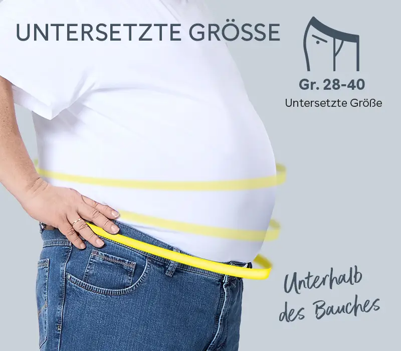 Nahaufnahme: untersetzte Jeansgröße mit tiefem Sitz unter dem Bauch