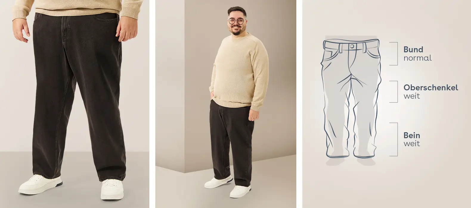 Starker Mann mit weiter Hose in großer Größe, Loose Fit Passform mit normalem Bund, weitem Oberschenkel und weitem Bein bei Pfundskerl