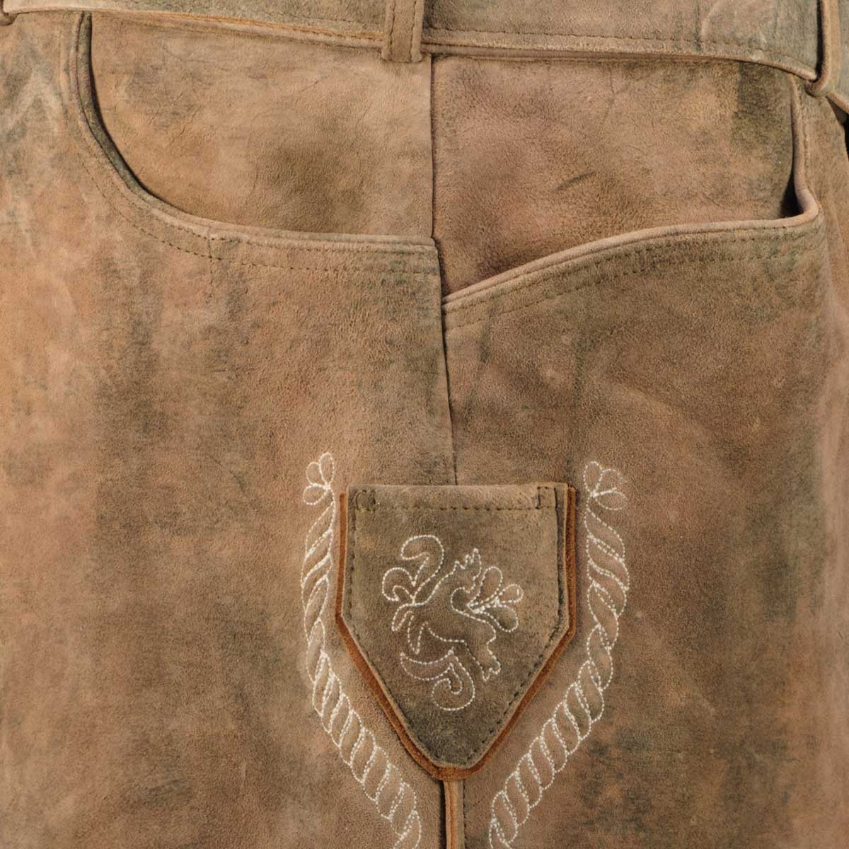 Pfundskerl Kurze Lederhose mit Stickereien und Gürtel mittelbraun