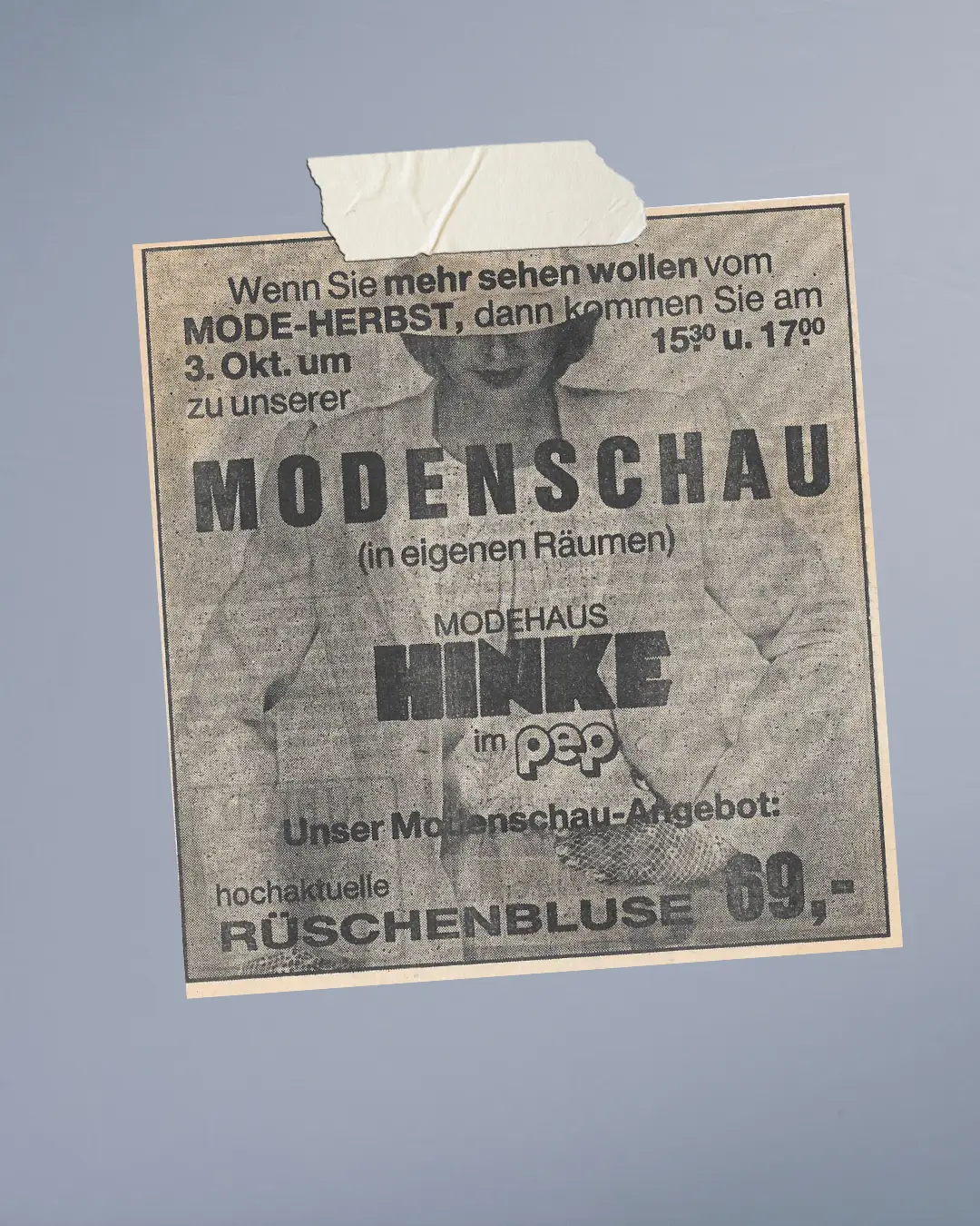 Historische Zeitungsanzeige des Modehauses Hinke für eine Modenschau und aktuelle Mode in den 1980er Jahren.