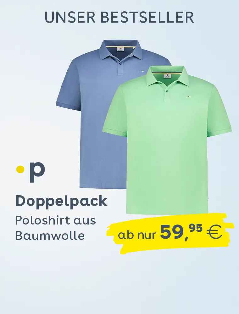 Bestseller-Grafik mit zwei Baumwoll-Poloshirts im Doppelpack in Blau und Grün, ab 59,95 Euro