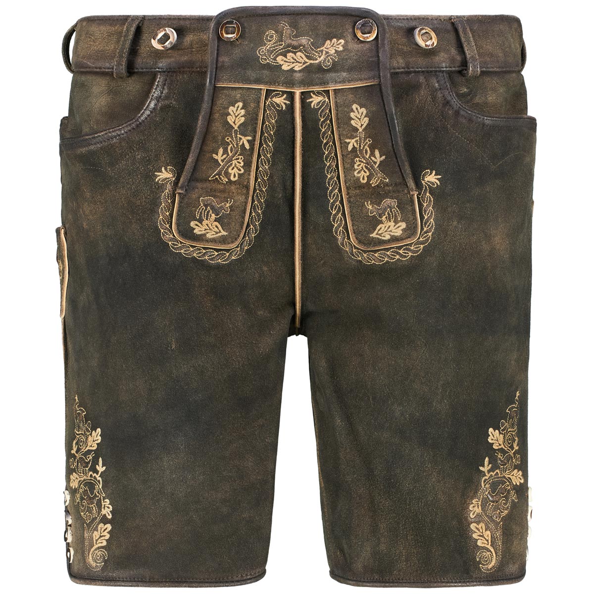 Ziegenlederhose mit Trägern und Stickerei