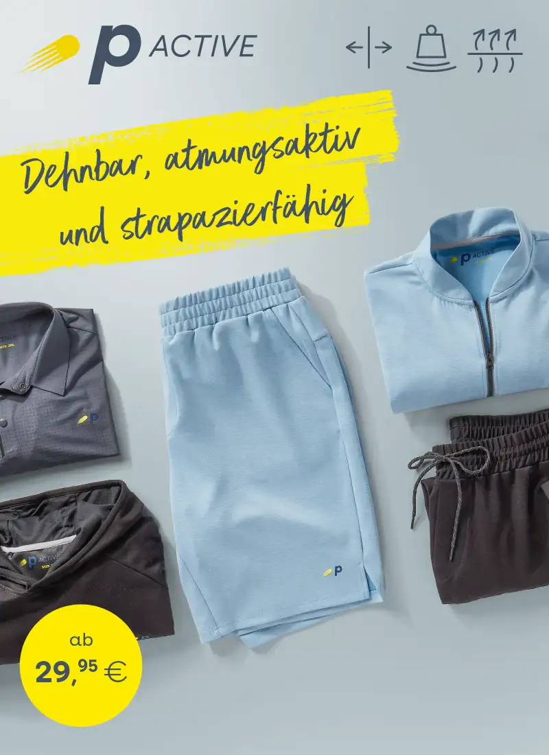 Sportliche Herrenmode in großen Größen von P Active mit Poloshirt, Hoodie, Shorts und Sweatjacke.
