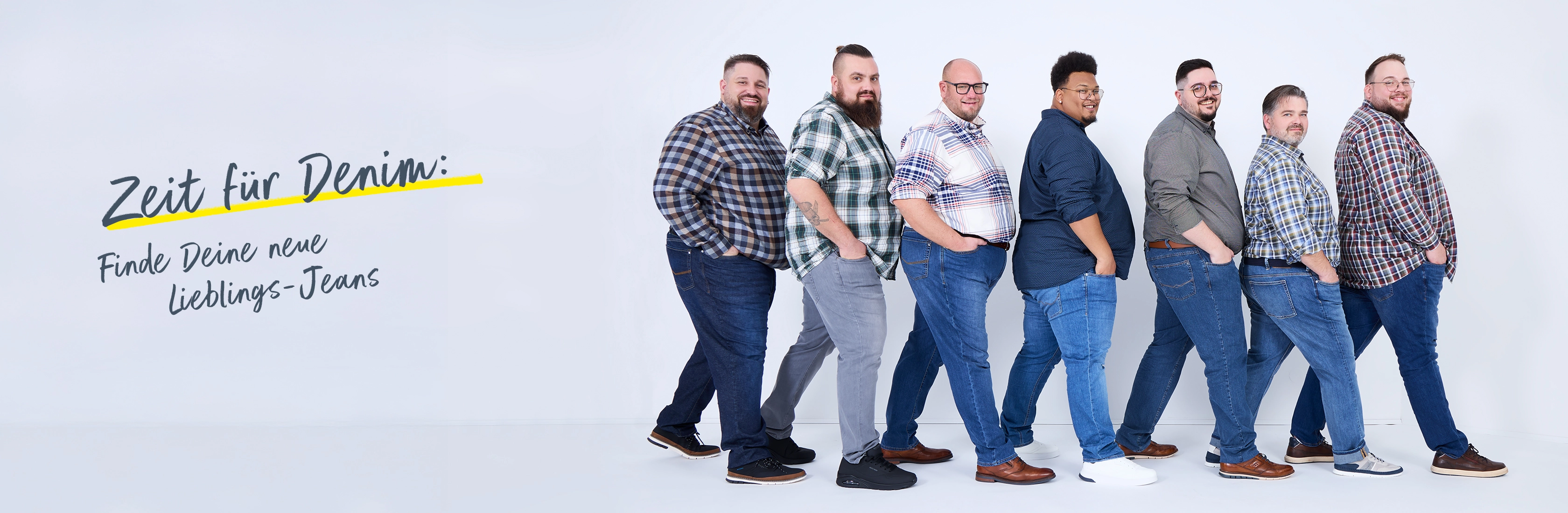 Acht Männer in verschiedenen Jeans-Looks für große Größen – Pfundskerl Denim-Kollektion