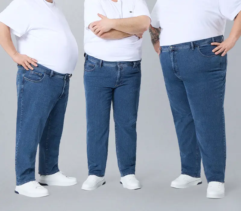 Drei Männer in Plus-Size-Jeans zeigen unterschiedliche Passformen für große Größen