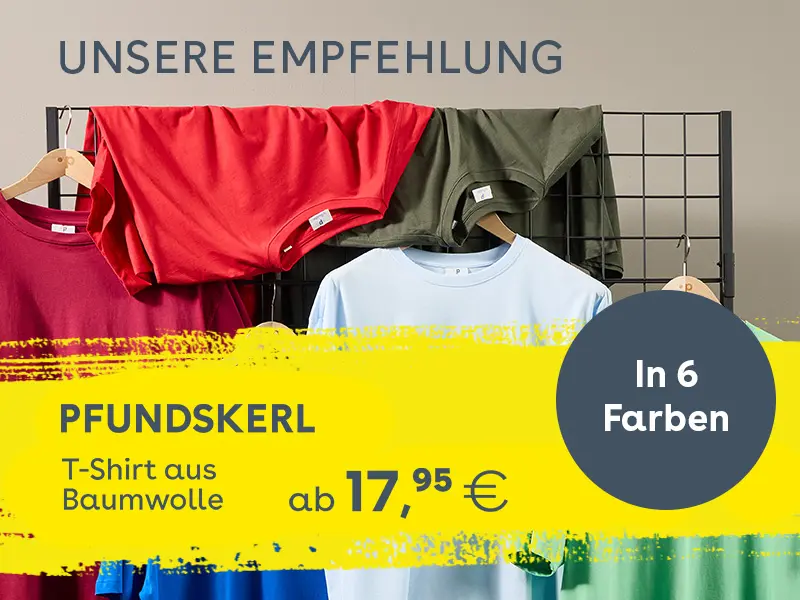 Pfundskerl Empfehlung: Baumwoll-T-Shirts in sechs Farben, bequem für Herren in großen Größen.