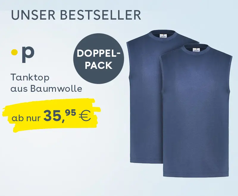 Blaues Pfundskerl Baumwoll-Tanktop im Doppelpack, Bestseller-Angebot ab 35,95 Euro.