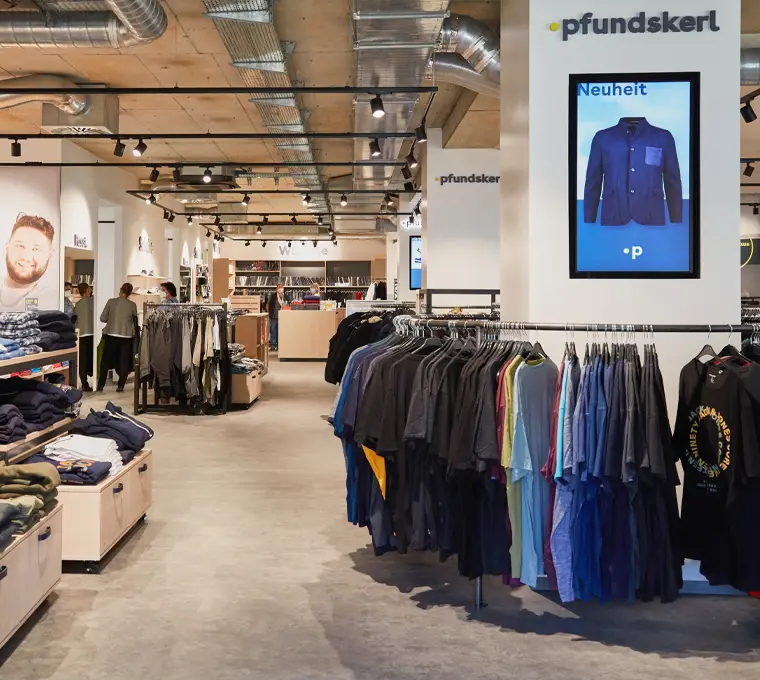 Innenansicht des Pfundskerl Stores mit moderner Einrichtung und großer Auswahl an Herrenmode in Übergrößen