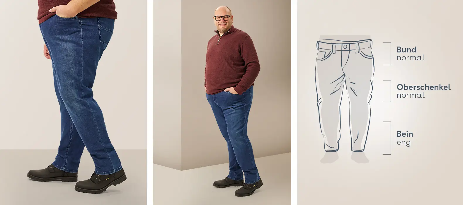 Starker Mann mit Tapered Fit Hose, normaler Bund, normaler Oberschenkel und schmal zulaufendes Bein für optimalen Sitz bei Pfundskerl