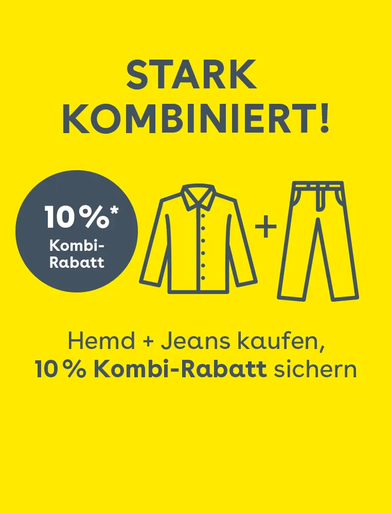 Gelbes Aktionsbanner mit Hinweis auf 10 Prozent Rabatt beim Kauf von Hemd und Jeans kombiniert, dargestellt mit Symbolgrafiken