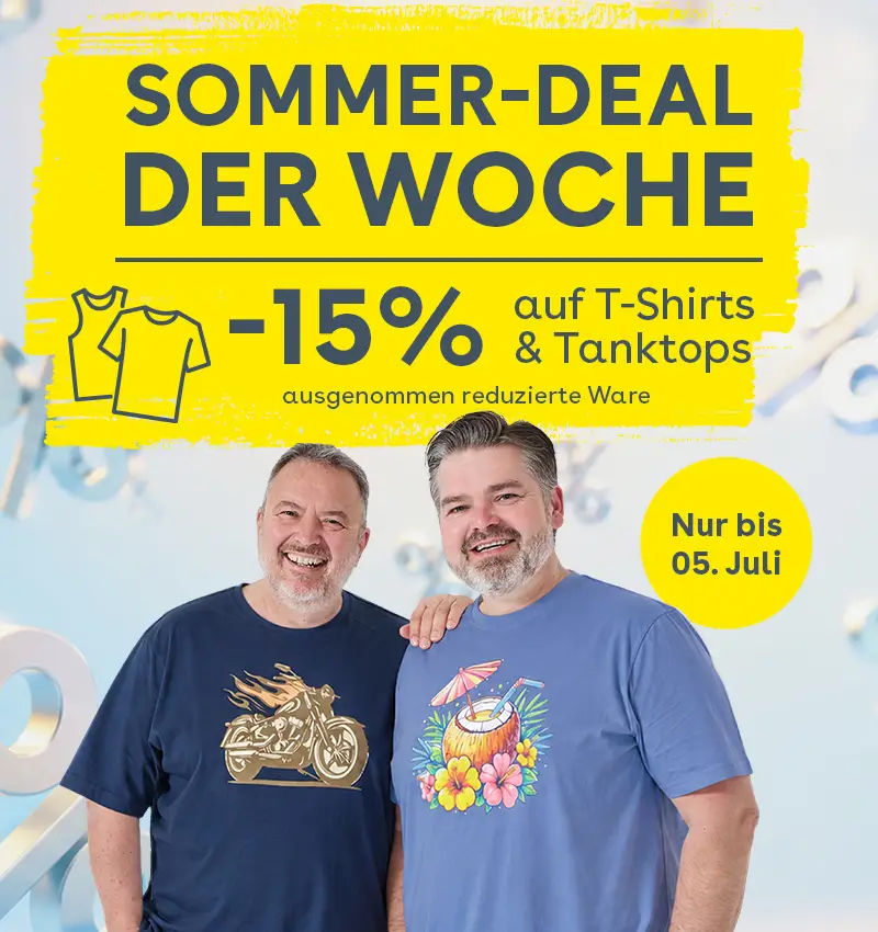 Mobile Grafik zum Sommer-Deal mit 15 % Rabatt auf T-Shirts in großen Größen bis 05. Juli.
