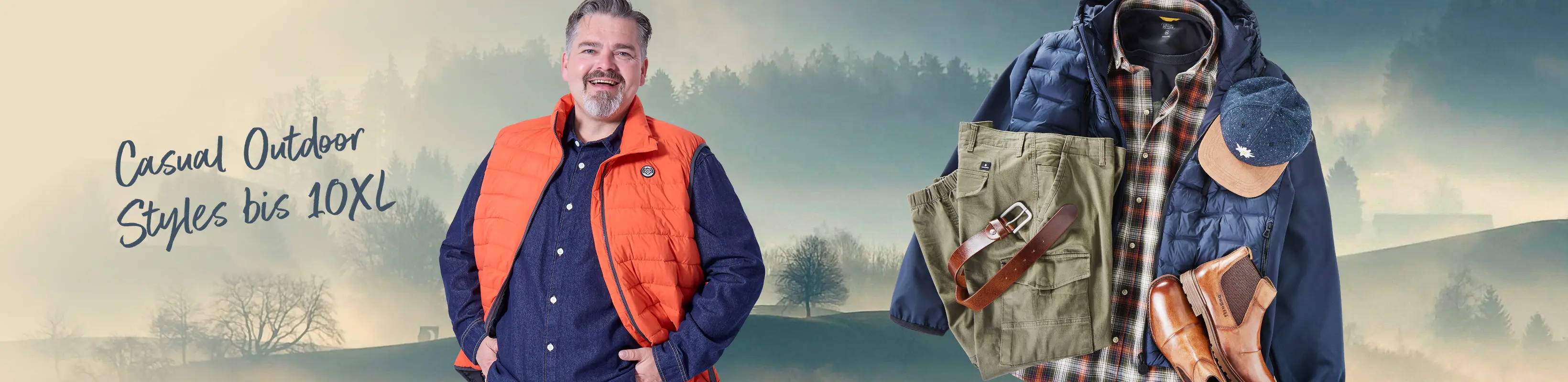 Mann mit oranger Steppweste und herbstlichem Outfit für große Größen bis 10XL