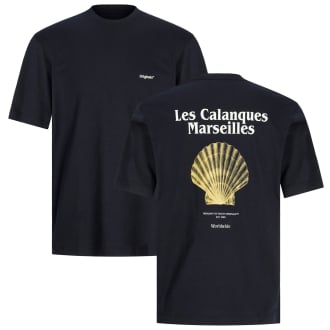 T-Shirt mit Print auf Vorder- und Rückseite schwarz_BLACK/YELLOW CLAM | 3XL