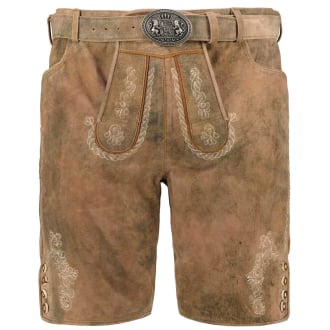Kurze Lederhose mit Stickereien und Gürtel mittelbraun_WOOD | 60