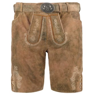 Kurze Lederhose mit Stickereien und Gürtel mittelbraun_WOOD | 62